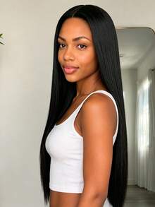 28 Inch Black Middle Part Women's Wig, High Temperature Synthetic Heat Resistant Wig, Natural Fluffy, Fashionable And Elegant, Suitable For All Women's Daily Wear And Party Occasions, Halloween - Black - View 3