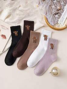 5 Pairs Fun Cartoon Cow Jacquard Mid-Calf Women's Socks, Vintage Marrone Color Palette Striped Socks, Personalized Casual Slouch Socks - Multicolor - View 7