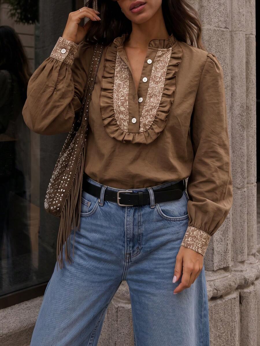 Vintage Ruffle Collar Blouse, Contrast Print Panel Half‑Button Long Sleeve Shirt, Fall Women Retro Casual Loose Daily Top - Multicolor - View 1