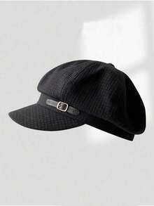 Waffle Octagonal Newsboy Cap, Black, Metal Buckle Decor, Vintage Casual Style, Autumn/Winter - Multicolor - View 5
