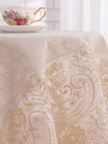 1PC Gray Linen-Like Rectangular Lace Tablecloth, Linen Texture Floral Embroidered Lace Trim Table Cover, Romantic Decorative Tablecloth, Suitable For Dining Table, Party And Home Decor - Beige - View 9