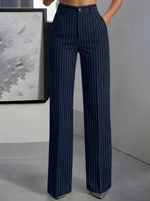 ANCHOSE Women's Casual Elastic Waist Striped Pants, Navy Blue And Pink, Spring/Summer - Navy Blue Vermicelli - View 4