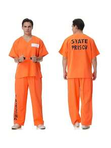 Men's Adult Cosplay Prisoner Costume Prison Uniform Short Sleeve Top + Pants Set - Orange - View 1