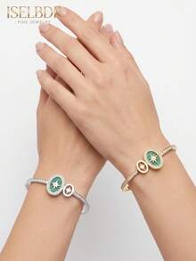 2pcs/Set Unisex Gold & Silver Stainless Steel Polaris Rhinestone Bracelet Set, 18K Gold Plated Green Striped Hollow Design Bracelet, Elegant Daily Jewelry Gift - Multicolor - View 3