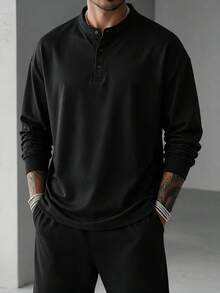 Men's Henley Collar Long Sleeve Polo Shirt, Casual Loose Fit With Button Placket, Suitable For Daily Wear And Outdoor Activities - Black - View 2