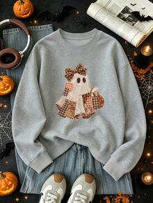 Plus-Size Halloween Hoodie For Women, Perfect For Everyday Wear, Holidays, And Parties. Features A Ghost Graphic Print Winter Casual Blouses For Women - Grey - View 5