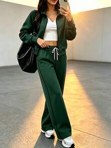 Falloutfits Effortlesschic Lounge Sets For Women 2 Pieces Outfits Sweatshirt Wide Leg Pants Matching Set Sweatsuits Fallfashion - Dark Green - View 3