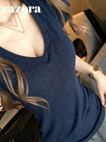 Navy Blue V-Neck Slim Fit Short Sleeve T-Shirt, Korean Style Sexy Slimming Versatile Top - Navy Blue - View 5