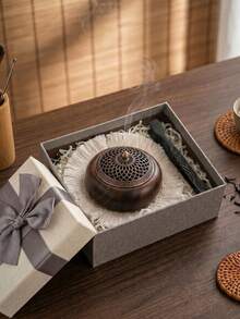 1pc Solid Walnut Wood Incense Burner With Vintage Hollow Carved Metal Lid, Incense Holder For Coil And Stick Incense, Zen Decor For Tea Room, Bedroom, Meditation, Ramadan, Eid, Christmas, Housewarming Gift - Wooden Bowl Incense Burner - View 6