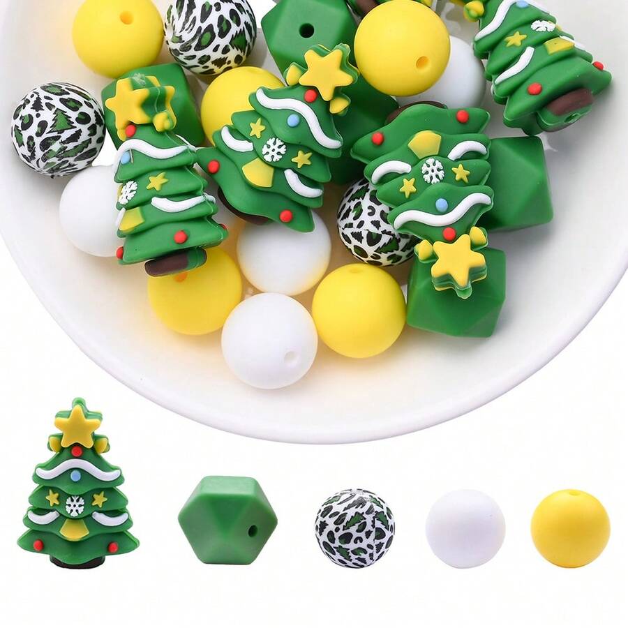 25PCS Christmas 3D Silicone Focal Beads Cute Elk Gingerbread Tree Holiday Charms For DIY Bracelet Necklace Pen Jewelry Making Keychain Craft Supplies - Multicolor - View 1