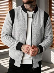 Men's Spring/Autumn Colorblock Patchwork Baseball Collar Varsity Jacket - Grey - View 1