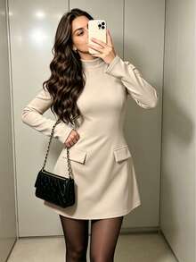 IGKEEL Women's Elegant Long Sleeve Fitted Solid Color Mini Dress For Spring And Autumn - Apricot - View 1