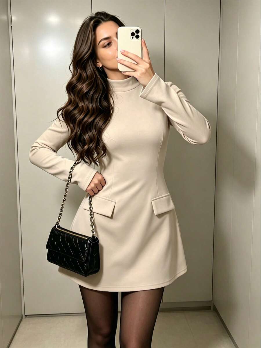 IGKEEL Women's Elegant Long Sleeve Fitted Solid Color Mini Dress For Spring And Autumn - Apricot - View 1