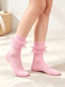1/3/5 Pairs Cute Women's Knitted Mid-Calf Socks With Shiny Sequins And Transparent Layered Lace Ruffle Trim, Sweet Lolita Princess Style - Pink - View 5