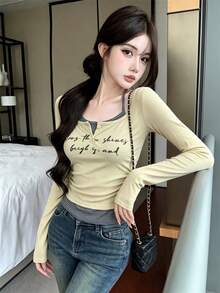Women's Round Neck Patchwork Striped Halter Top With Drawstring Ruched Letter Print 2 In 1 Long Sleeve T-Shirt - Yellow - View 2