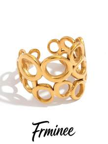 Frminee 2pcs/1pc Chunky Statement Ring For Women, Stainless Steel Hollow Circle Openwork Wide Band Ring, Gold/Silver Tone Geometric Jewelry For Daily Wear - Multicolor - View 6
