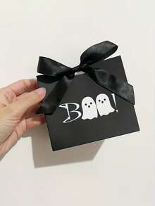 10/5/3/1pc Halloween Boo Ghost Pattern Gift Boxes, Black Satin Ribbon Bow Gift Boxes, Halloween Party Candy Cookie Small Gift Return Favor Packaging Bags, Black Background BOO Ghost Bow Gift Boxes Suitable For Halloween, Gift Boxes, Packaging Boxes, Baking Boxes - Multiple Styles - View 5