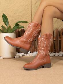 Women's Embroidered Western Cowboy Boots Square Toe Chunky Heel Mid-Calf Boots Vacation Style Versatile Riding Ankle Boots - Brown - View 3