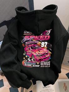 Sweatshirt Pullover Lengan Panjang Berkerudung Minimalis dengan Desain Bahu Jatuh, Motif Tema Balap dengan Logo 97, Atasan Lengan Panjang Kasual Serbaguna Warna Hitam untuk Musim Gugur - Hitam - View 2