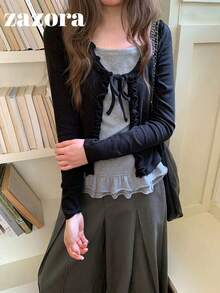 Women's Autumn 2 In 1 Patchwork Long Sleeve Base Layer Top With Frill Trim Cardigan Style - Black - View 7