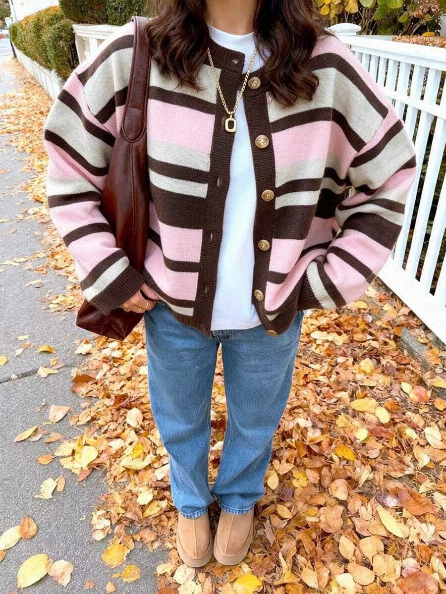 女款條紋拼接休閒百搭日常開襟衫