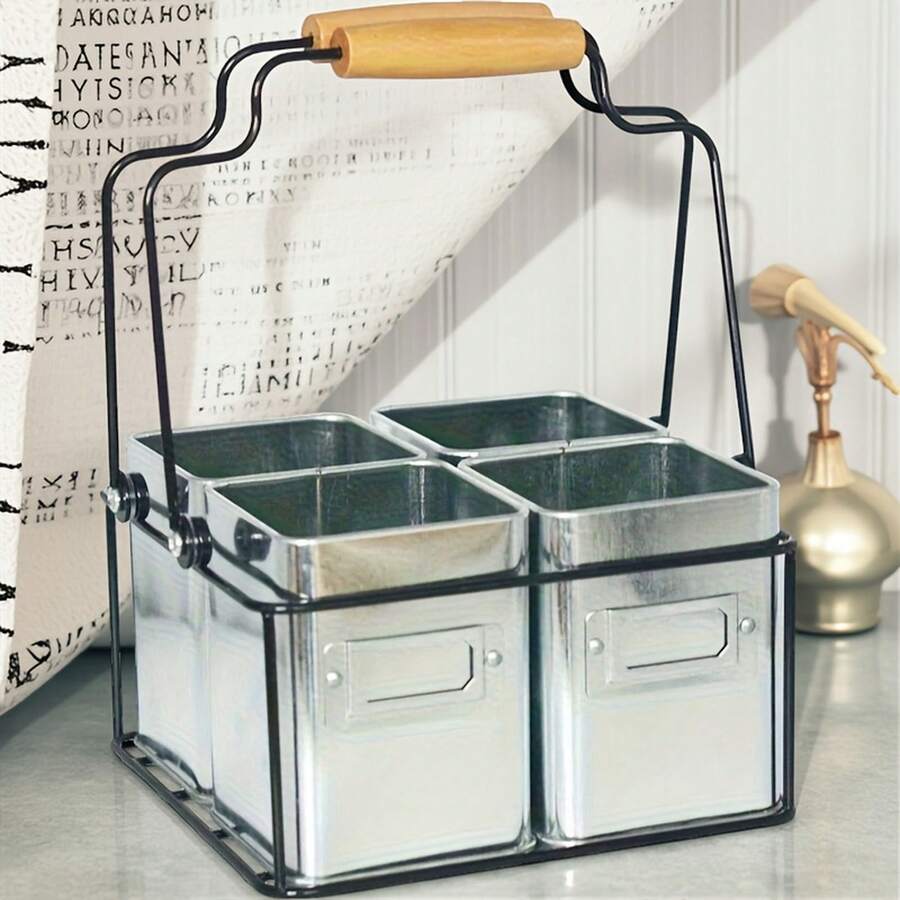 Ein rustikaler Milchflaschenhalter aus Metall mit einem Holzgriff - Bietet Platz für 3/4/6 Flaschen, perfekt für Wein, Wasserflaschen, Besteck und kleine Gegenstände, ideal für Hochzeiten, Grillabende, Picknicks und die Aufbewahrung in der Küche, Regalkörbe - Übersicht 1