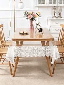 1pc Rectangular Transparent PVC Tablecloth, Floral Embroidered Lace Trim, Waterproof Oil-Proof Easy To Clean Table Cover, Suitable For Dining Table, Home And Kitchen Decor - White - View 2