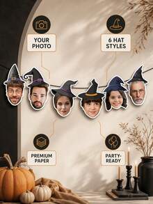 Custom Photo Face Cutout Banner, Halloween Witch Hat Face Photo Banner, Personalized Halloween Party Decoration, Custom Family And Friends Portrait Banner, Spooky Costume Party Decor, Halloween Celebration Photo Display, Gift For Family And Friends. - Multicolor - View 8