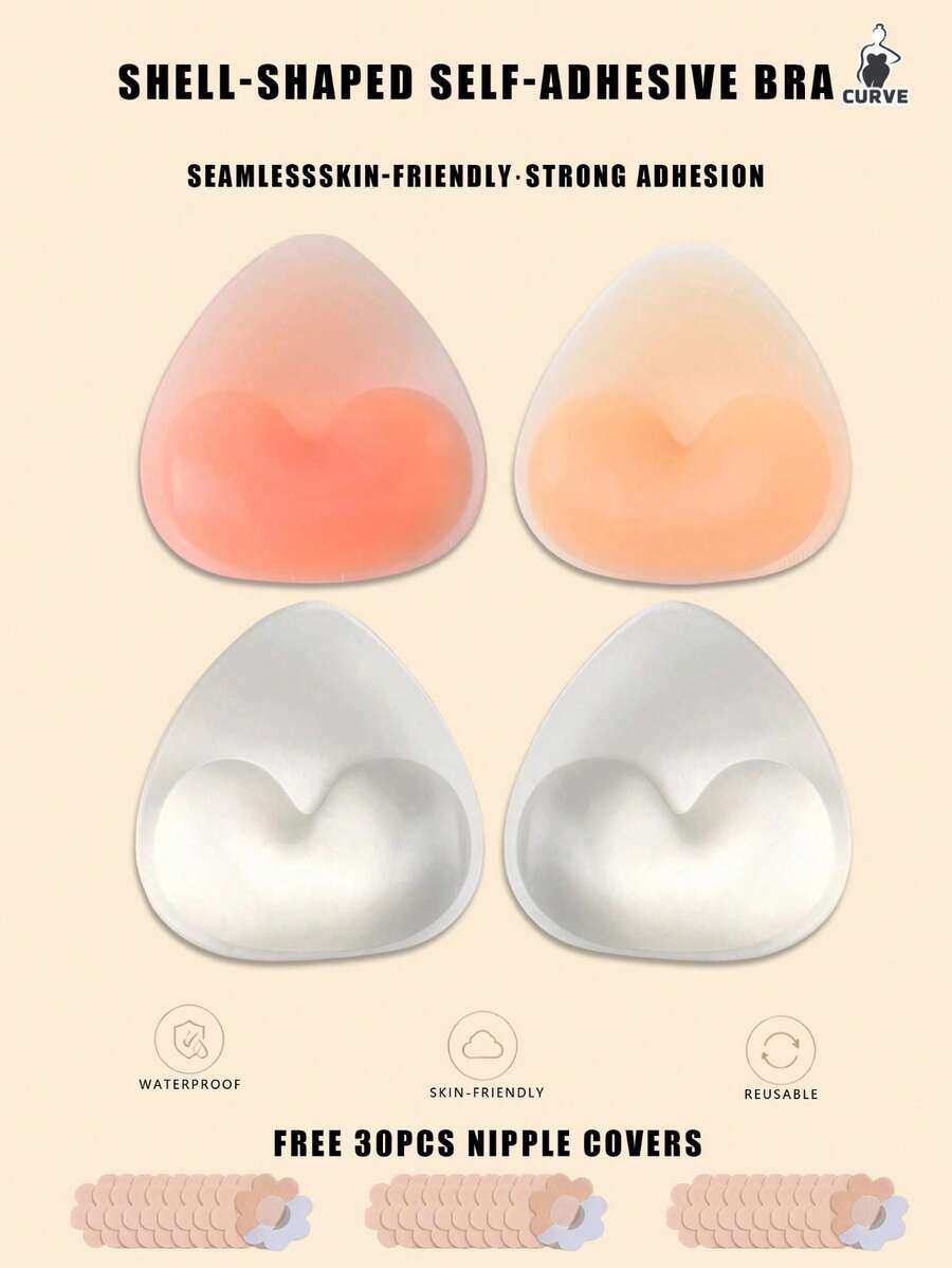 1 Pair Plus Size Silicone Breast Pads, Reusable Invisible Seamless Sweat-Proof Bra Inserts For Large Bust, Suitable For Bikini Swimwear, Backless Wedding Dress, Evening Gown, Includes 30pcs Flower-Shaped Disposable Nipple Covers, Women's Lingerie Accessories - Multicolor - View 1
