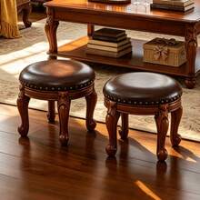 Solid Wood Stool, Vintage Small Round Stool, Shoe Bench, Leather Footstool - Maroon - View 4