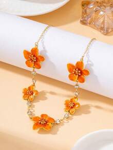 1pc Summer Vacation Style Elegant Bright Handmade Drip Oil Sparkling Orange Enamel Plumeria Necklace For Women - Orange - View 3