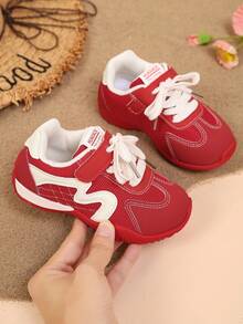 1 Pair Red Mesh Breathable Soft Sole Non-Slip Contrast Color Patchwork Front Lace-Up Hook & Loop Casual Sports Shoes Suitable For Daily Wear, Travel, Vacation, Home, Party, Outdoor, Spring/Autumn New 2026 - Red - View 2
