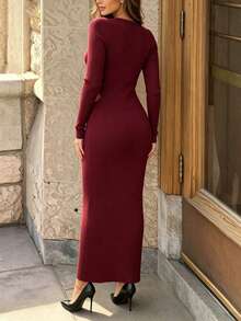 Da Jade Women's Autumn/Winter Elegant Soft Ribbed Knit Mini Dress, Round Neck Long Sleeve Slim Fit Bodycon Sweater Dress, Suitable For Daily Wear, Date Night And Club Outfits - Red - View 4