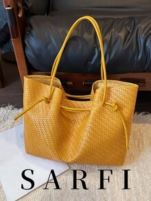 Premium Versatile Woven PU Material Women's Tote Bag, Summer Fashion Yellow Adjustable Shoulder Strap Shoulder Bag/Commuter Bag - Yellow - View 2