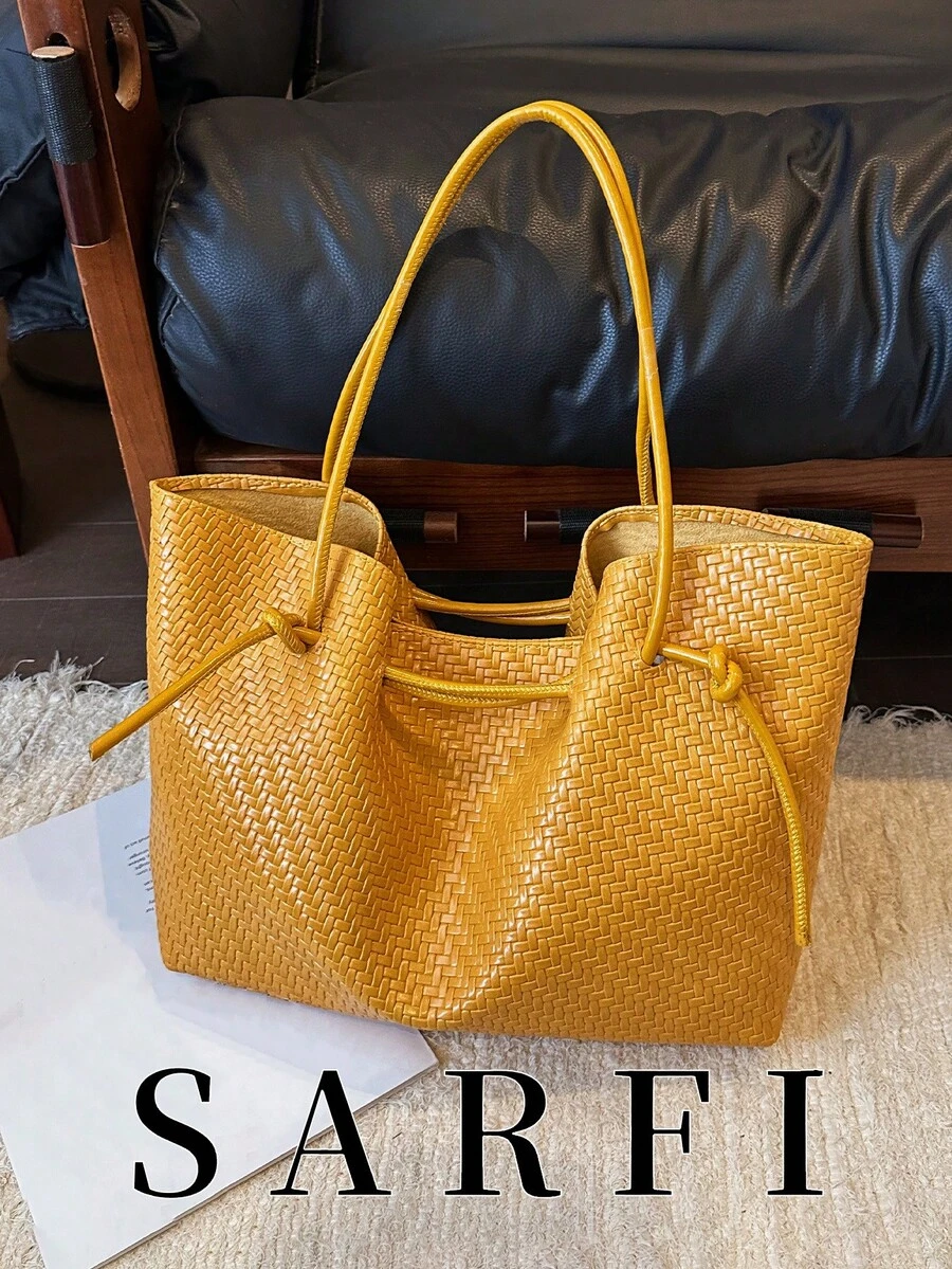 Premium Versatile Woven PU Material Women's Tote Bag, Summer Fashion Yellow Adjustable Shoulder Strap Shoulder Bag/Commuter Bag