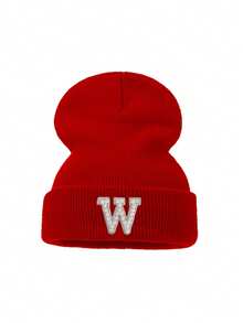 1pc Adult Women Red Bling Pearl Rhinestone Letter Beanie, Stylish Custom A‑Z Initial Cuffed Skull Hat, Elastic Fashionable Solid Color Winter Cap - Red - View 13