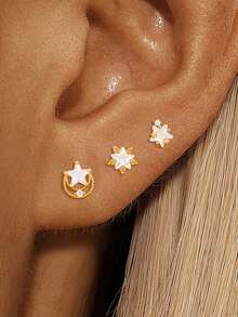 3PCS Stainless Steel Mini White Star Zirconia Stud Earring Set Women 18K Gold Plated Helix Ear Studs Tragus Cartilage Piercing Girls Jewelry Gift - 1-gold-3PCS - View 1