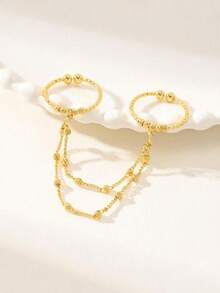 1pc 21k Gold Plated Adjustable Ring, Gold Beads With Tassel Chain Design, Arabic Style, Plating - Rust-Resistant And Long-Lasting Color. Gold Alternative, Suitable For Women's Wedding, Banquet And Party Accessories - Gold Tassel Ring - View 2