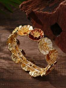 Cring Coco 1 pieza Brazalete de flor de estilo vintage esmaltado para mujer, accesorio elegante de brazalete floral chapado en oro, accesorio de nicho para uso diario, fiesta y regalos de vacaciones - flores - Ver 9