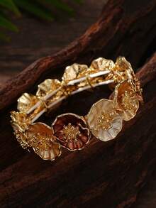 Cring Coco 1 pieza Brazalete de flor de estilo vintage esmaltado para mujer, accesorio elegante de brazalete floral chapado en oro, accesorio de nicho para uso diario, fiesta y regalos de vacaciones - flores - Ver 3