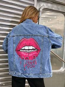HAPPY GIRL#Spring Autumn Fashion Festival Holiday Daily Travel Airport Outfit Women's Graphic Print Comfortable Commute Denim Jacket - Blue - View 8
