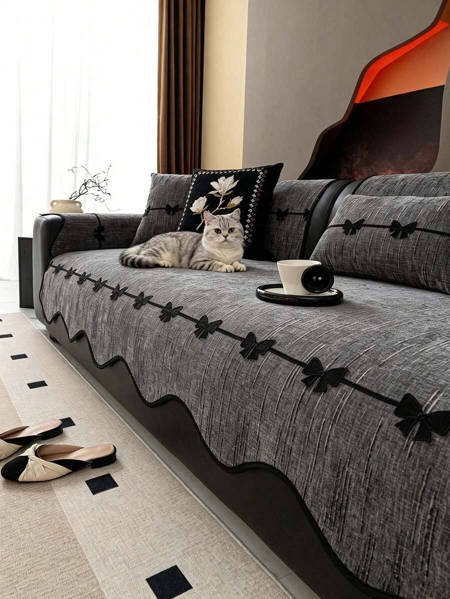 SANMOSPIN 1pc Solid Color Chenille Shaped Sofa Cover, Bowknot Decor Sofa Cushion, All-Season Sofa Cover, Pet-Friendly Sofa Protector, Machine Washable, Hand Washable, Bedroom, Office, Living Room Furniture Protection Pad - Home Decor Sofa Cover - Dark Grey - View 1