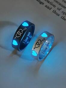ATLVXJL 2pcs/Set Luminous Couple/Family/Friendship Glow-In-The-Dark Double Heart & Arrow Pattern Silver & Black Stainless Steel Couple Rings Set, Casual Jewelry Rings Suitable For Daily Wear And Holiday Gift Giving - Multicolor - View 3