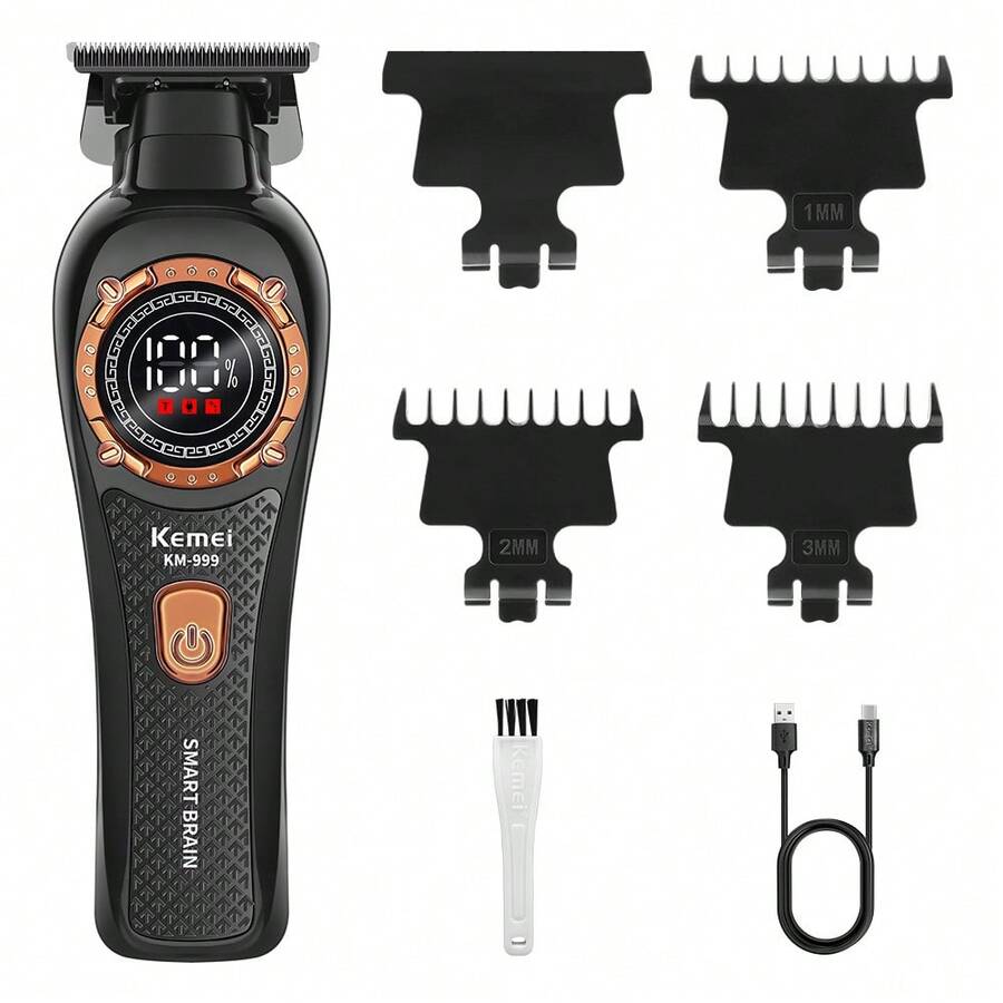 Kemei Professional Zero Gap T-Blade Hair Clipper, LCD Digital Display Wireless Electric Hair Trimmer, Men's Use, Type-C USB Charging Beard Trimming Hair Styling Set, Includes 3 Guide Combs, Suitable For Hairline Gradient Carving Styling - Multicolor - View 1