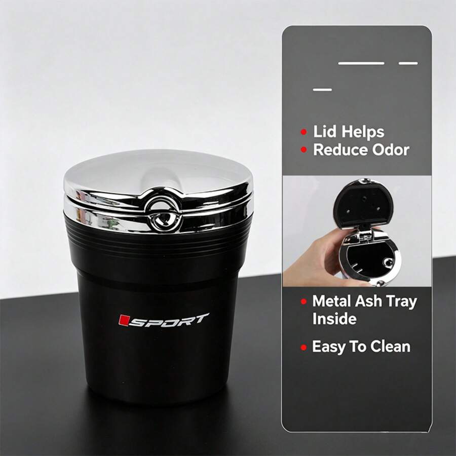 Sporty Portable Car Ashtray With Lid, Odor-Proof Leak-Proof Car Cup Holder Ashtray, With Sport Logo, Detachable Easy-To-Clean ABS Plastic Inner Liner, Car Interior Decoration Accessory