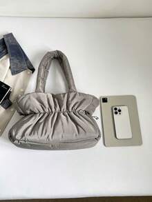 Autumn/Winter New Soft Puff-Feel Shoulder Tote Bag Ruched Cloud Bag - Grey - View 8