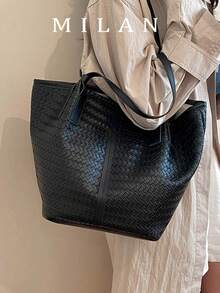 Minimalist Elegant Woven Texture Tote Bag For Women 2026 Solid Color Luxury Niche High-End Versatile Shoulder Underarm Bag - Black - View 2