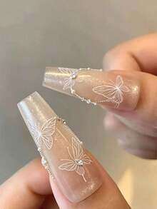 1 buah/2 buah Stiker Seni Kuku Kupu-kupu Sketsa Minimalis Musim Gugur Musim Dingin Natal, Pola Kupu-kupu Garis Putih Berbagai Ukuran, Stiker Dekorasi Kuku DIY, Gaya Salon - Putih - View 2