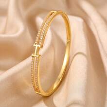 3/1pcsGold‑Tone Stainless Steel Bangle, Rhinestone‑Encrusted Panther Head Design, Bold Luxurious Vibe For Daily Styling - Gold - View 12