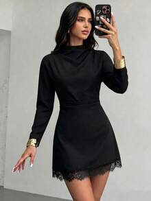 New Elegant Fashion Women's Mini Dress, Suitable For Business Or Casual Wear, Decorated With Ruffles And Lace Trim, Autumn Outfit - Black - View 3